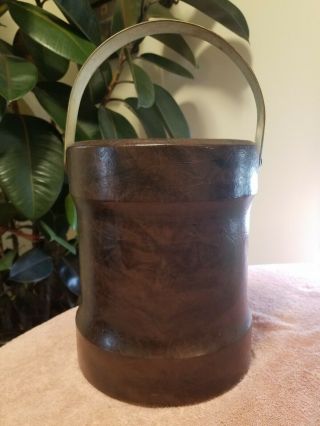 Vintage Mid Century Modern Faux Dark Brown Leather 10 " Tall Ice Bucket