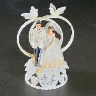Vintage 1970s Wilton Wedding Cake Topper Bride & Groom Doves Rings Lace Dress