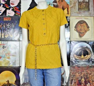 Vintage 60s Mod Mustard Yellow Polyester Knit Tee T Shirt Blouse Gold Buttons