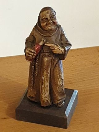 Vintage Wood Carving Of Monk With Wine Bottle