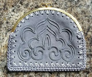 Rare Vintage Neiman Marcus Gray Suede Leather Coin Purse Clutch Embroidered
