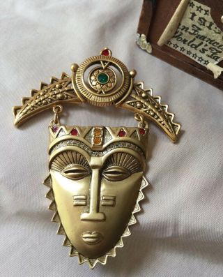 Vintage Signed Avon Aboriginal Pin Brooch Gold Gilt Metal Rhinestones Aztec