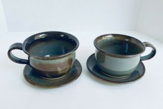 2 Two Handmade Clay Pottery Coffee Tea Cups Mugs With Saucers Signed Oz & Oz
