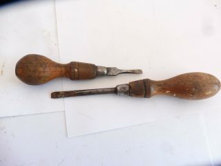 2 Antique Steel Flat Head Beech Wooden Handled Screwdrivers Uk & Nubo