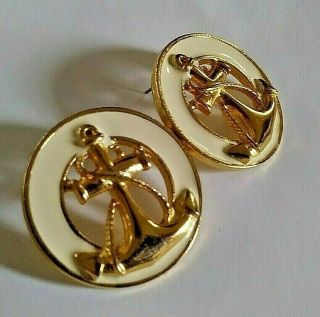 Vintage Cream Enamel On Gold Tone Nautical Anchors Pierced Statement Earrings