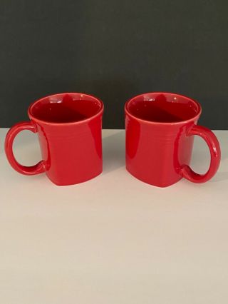 Two Fiesta Square Mugs Scarlet Red Homer Laughlin Coffee 3.  7/8 " Tall