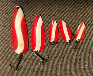 5 Vintage Red & White Stripe Spoon Jig Fishing Lures 3 - 1/2 ",  2 - 3/4 ",  2@ 1 - 3/4 ",