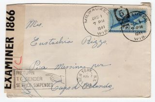 Usa - Milwaukee Wis 1941 - Bermuda Censor Cover To Italy Wwii Service Suspended