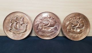 3 X Old Vintage Antique Copper Wall Hanging Plates Ship Boat Retro Fishing