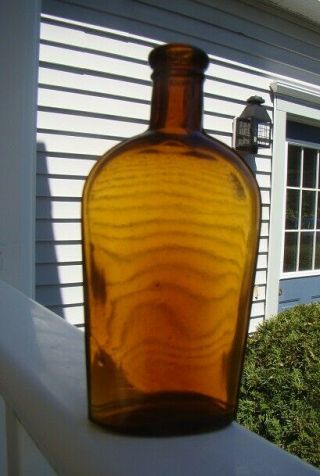 Antique Half Pint Size Strap Sided Amber Whiskey Flask - (pierce Glass Co. )