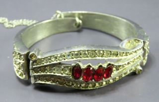Vintage Clamper Style Bangle Bracelet Clear & Ruby Red Rhinestones Silver Tone