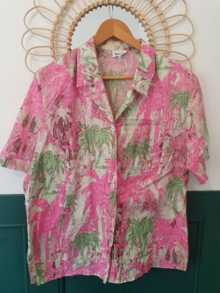 Vintage 80s Pink 100 Cotton Hawaiian Shirt Summer Tropical Oversized Blouse 10