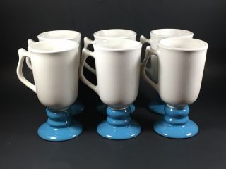 Vintage Set Of 6 Hall 1272 Footed Irish Coffee/hot Chocolate Mugs White And Blue