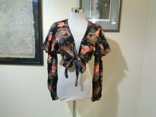 70s Black/orange Floral Print Ruffle Trim Long Sleeve Tie Front Crop Bolero Top