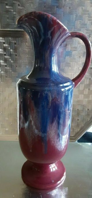 Haeger Pottery Glossy Ceramic Maroon And Blue Pitcher/vase (has Chip) 12 " X 3 "