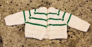 Vintage Hand Knit Cardigan Sweater Made For Terri And Jerri Lee White W/ Green