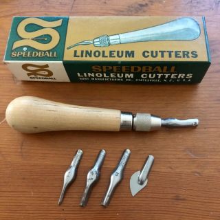 Vintage Speedball Linoleum Cutter & 5 Cutting Blades