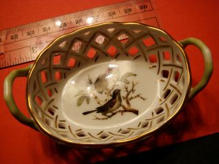 Herend Rothschild Bird Reticulated Basket/dish W/ Handles