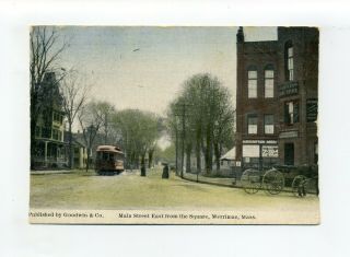 Merrimac Ma Mass Antique Postcard,  Main Street From Square,  Trolley,  Bank,  Signs