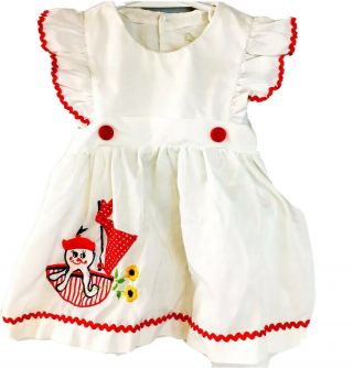 Toddler Baby Girl Dress White Red Piping Embroidered Pinafore Apron Retro Vtg