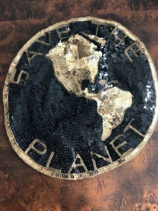 Large Vintage Save The Planet Sequin Patch - Black And Gold Sew On