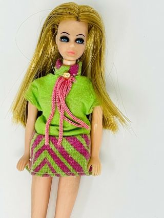 Vintage Topper Dawn Doll In Green & Pink Dress 1970 With Undies