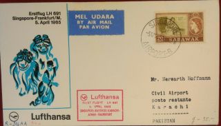 Lufthansa First Flight Cover - Singapore - Karachi 5.  April 1965 - Stamp Sarawak