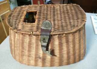 Vintage Wicker Fishing Creel With Leather And Metal Fish Closure