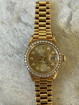 Rolex Lady Datejust 26mm 18k Yellow Gold Watch W/diamond Bezel And Diamond Dial
