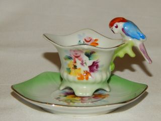 Vintage Japan Ceramic Bird Handle Tea Cup And Saucer Mini Souvenir Idaho