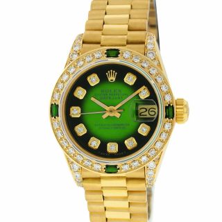 Rolex Watch Womens Datejust President 18k Yellow Gold Green Diamond Dial Emerald