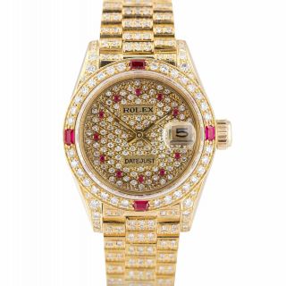Ladies Rolex Datejust President 26mm 18k Yellow Gold Diamond Ruby 69178