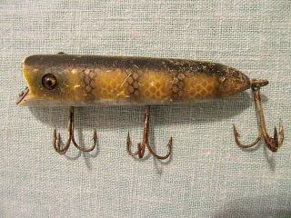 Vintage Heddon Basser Wood Fishing Lure - Glass Eyes - Scale Color 4 1/4 " Long