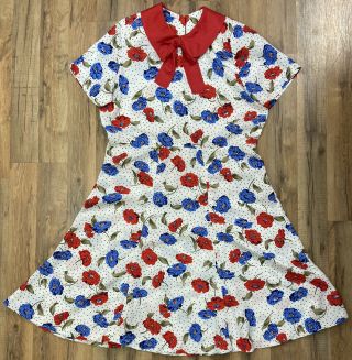 Vintage Handmade Red White Blue Floral Dress Women’s Size Xl Flaw Fit Flare