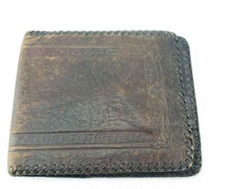 Vintage Hand Tooled Leather Bi - Fold Wallet Brown / Black/ Army Green