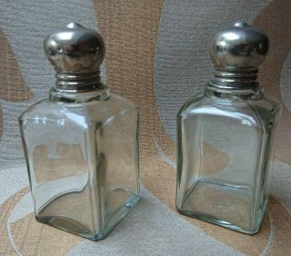 Pair Antique Crystal Glass Perfume / Scent Bottle Silver Plated Top 1930s
