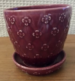 Vintage Usa - Shawnee 454 Pottery/planter Flower Pot W/attached Saucer Burgundy