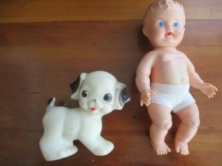 Vintage Ruth E.  Newton Sun Rubber Co Boy Doll 8.  5 " & His Squeaker Dog 4 "