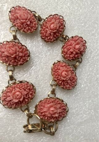 Vintage Faux Coral Roses Carved Celluloid Link Bracelet