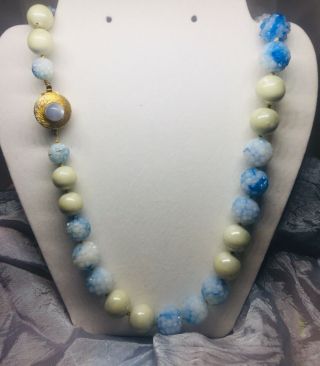 Vtg Pale Blue Sugar Beads W/pearlized Beads - Fancy Clasp - Marbled 22 "