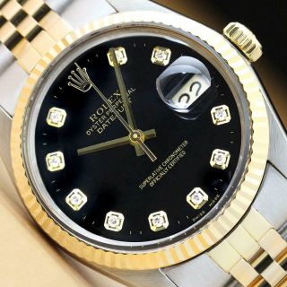 Rolex Mens Datejust 16013 Black Diamond 18k Yellow Gold & Steel Quickset Watch