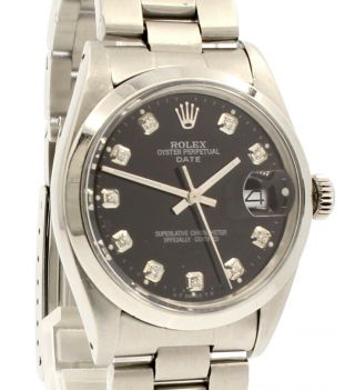 Mens Vintage Rolex Oyster Perpetual Date 34mm Black Dial Diamond Stainless Watch