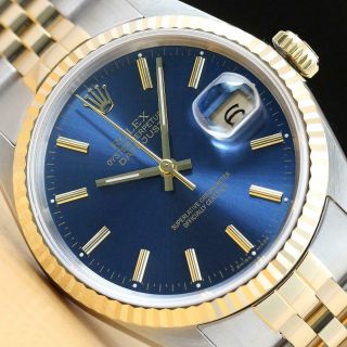 Rolex Mens Datejust Two Tone Blue Stick Dial Quickset Watch 16233