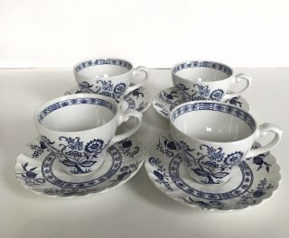 Vintage J&g Meakin Classic White Blue Nordic Onion Tea Cup & Saucer Set Of 4