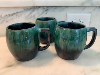 Vintage Blue Mountain Pottery Set Of 3 Coffee Mugs Teacups Green Glaze Canada