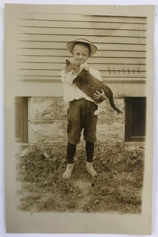 Vintage/antique Rppc Real Photo Postcard Young Boy With Family Pet Cat