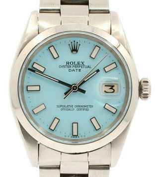 Mens Vintage Rolex Oyster Perpetual Date 34mm Blue Dial Stainless Steel Watch