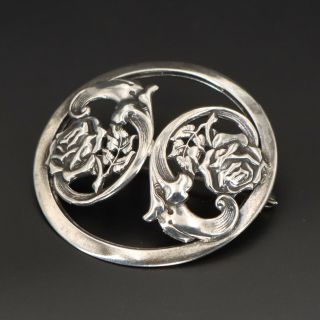 Vtg Sterling Silver - Antique Art Nouveau Rose Flowers Scroll Brooch Pin - 13g