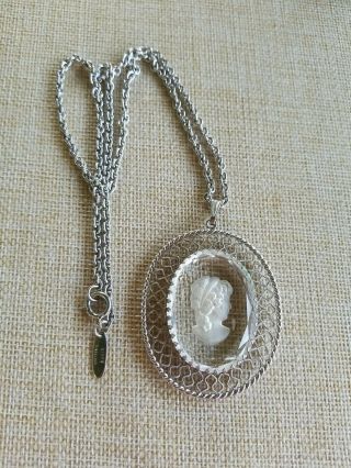 Vintage Whiting And Davis Glass And Silvertone Cameo Pendant On Silvertone Chain