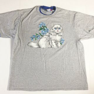 Vintage 80s Cat Shirt Graphic T Size Xl Kawaii Flowers